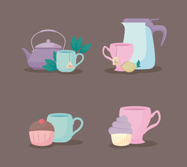 set of teapots and cups tea icon
