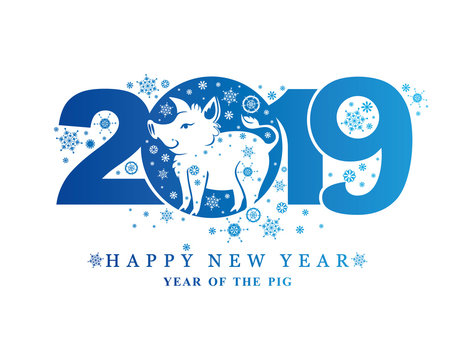 Year of the Pig 2019. Blue New Years pattern 2019 and funny pig boar and snowflakes. Vector template New Year's design on the Chinese calendar.