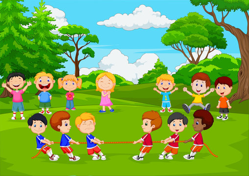 Cartoon Group Of Children Playing Tug Of War In The Park