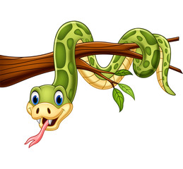 Naklejka premium Cartoon green snake on tree branch