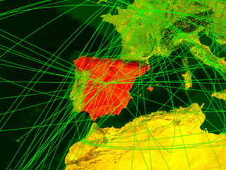 Spain on digital map with networks. Concept of international travel, communication and technology.