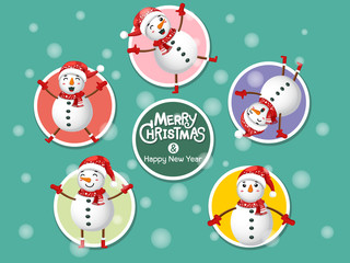 Set Cute Snowman icon on colorful background. Merry Christmas and happy new year. Gift and decorative element on holiday. Vector cartoon Illustration.