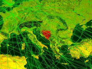 Bosnia and Herzegovina on digital map with networks. Concept of international travel, communication and technology.