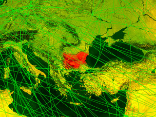 Bulgaria on digital map with networks. Concept of international travel, communication and technology.