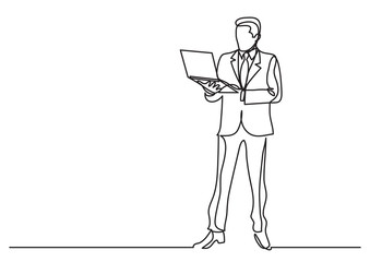 continuous line drawing of business situation - businessman standing with laptop computer