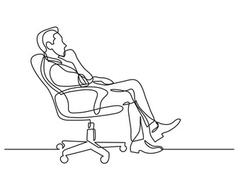 continuous line drawing of business situation - man sitting in office chair thinking