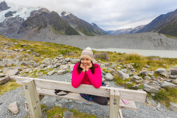 Naklejka premium Asian woman travel enjoy at Mt. cook national park in New Zealand