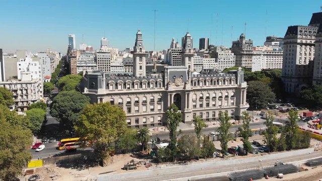 Aerial drone view of historic Aduana Customs building in Buenos Aires, Argentina