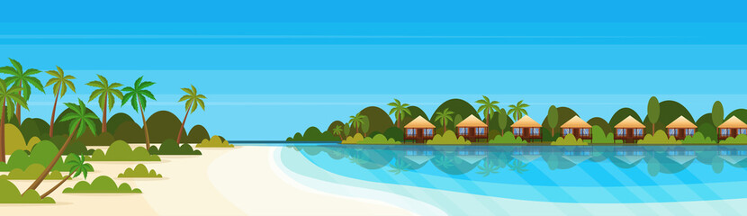 tropical island with villas bungalow hotel on beach seaside green palms landscape summer vacation concept flat horizontal banner