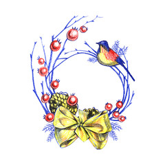 Christmas Vintage Floral Wreath, New Year Decoration with Winter Birds, Pine Branches, Berries, Fir Cones. Watercolor Illustration Isolated on White Background