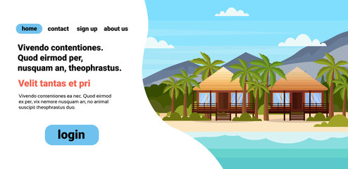 tropical island with villa bungalow hotel on beach seaside mountain green palms landscape summer vacation concept flat horizontal copy space