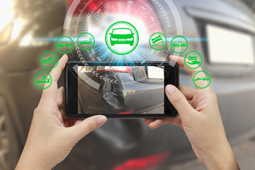 Hand use smartphone with car claim icons