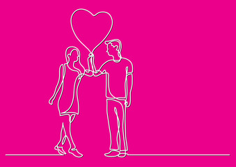 continuous line drawing of happy lovers with heart balloon