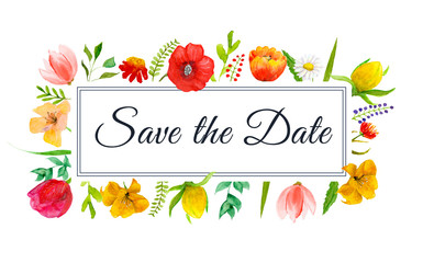 Save the Date watercolor flowers frame with text in the border.