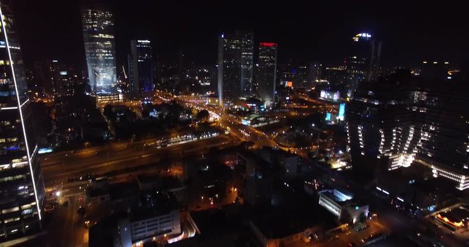 Flying over Tel Aviv City and traffic at Night  Drone shot of Skyscrapers and traffic in Tel aviv at Night
