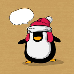 Vector illustration of cute penguin cartoon character, hand draw style with chat box on brown grunge background.