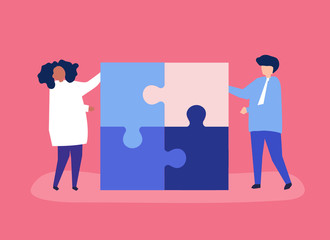 Character of a couple solving puzzle pieces illustration