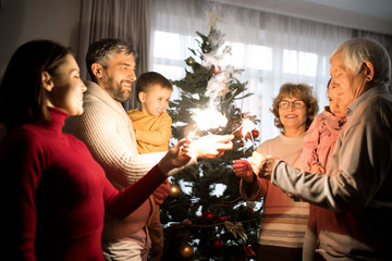 Waist up portrait of big happy family celebrating New Year together and lighting sparklers