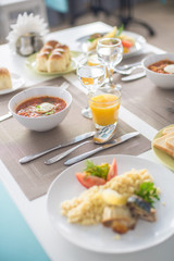 Three-course dinner, salad, borscht and pompushki with garlic
