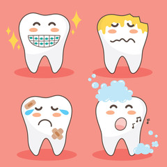 Vector character happy and funny teeth set. illustration doodle drawing cute design tooth.