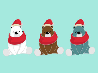 Vector illustration of cute bear cartoon character sitting, wearing red scarf and hat on light green background.