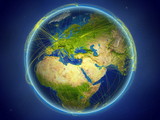 Cyprus from space on planet Earth with digital network representing international communication, technology and travel.