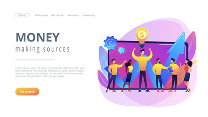 Company enployees and leader having successful money-making idea. Intellectual capital, company human resources, money-making sources concept. Website vibrant violet landing web page template.