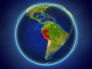 Peru from space on planet Earth with digital network representing international communication, technology and travel.