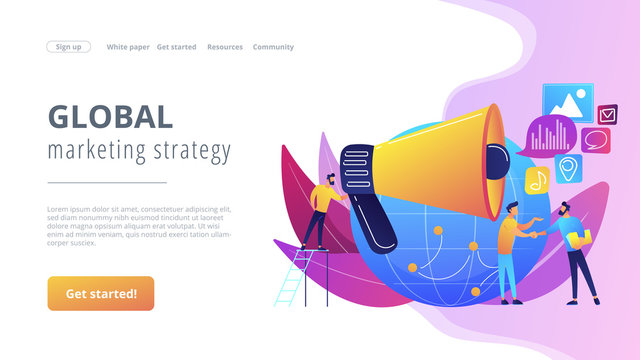 Marketing specialist with loudspeaker influence businessmen and globe. Macromarketing, social influence, global marketing strategy concept. Website vibrant violet landing web page template.