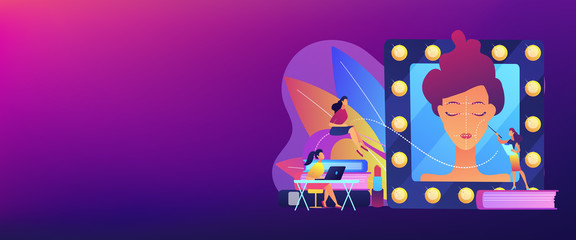 Students listening to teacher on training courses in professional makeup skills. Makeup courses, make up school, cosmetics masterclass concept. Header or footer banner template with copy space.