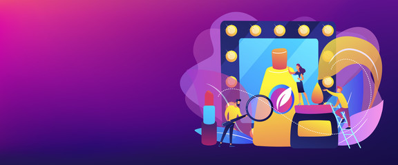 Specialists studying the natural ingredients of organic cosmetics. Organic cosmetics, organic makeup, natural ingredient cosmetics concept. Header or footer banner template with copy space.