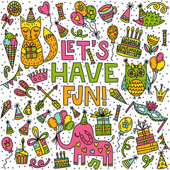 Let's have fun. Cute lettering with doodle animals