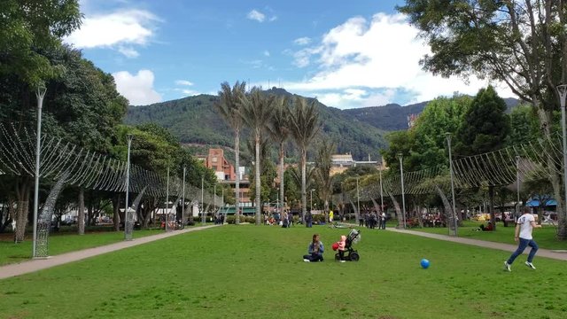 BOGOTA NOV 18: View of Parque 93 in Bogota. It's also one of the best spots in the city for a picnic, with views up towards the mountains, and a laid-back, in Bogota, Colombia on Nov 18, 2018.