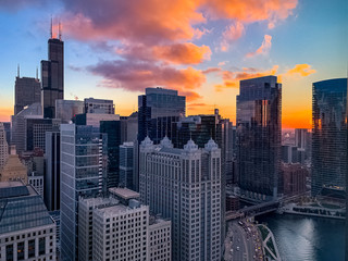 City of Chicago at sunset in downtown Loop