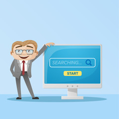 Businessman with internet searching service. Vector designed character.