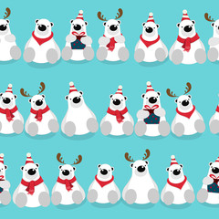 Seamless pattern, vector illustration of cute bear cartoon character sitting, wearing red scarf and hat on green background.