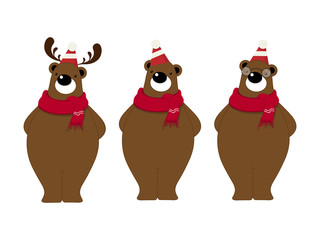 Vector illustration of cute bear cartoon character wearing red scarf on white background.