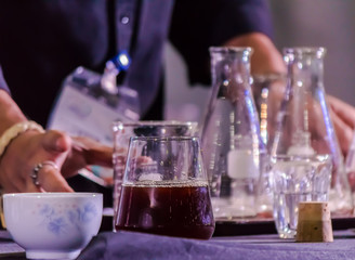 Showcase Syphon Coffee maker by syphonist./ Syphon Coffee or Vacuum Coffee is full immersion tasteful and this process show syphon coffee ready to drink.