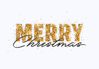 Merry Christmas gold glitter design for greeting card, festive poster, website header. Festive lettering with shining sparkling confetti.