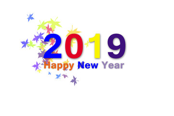 Happy new year 2019 printed with colorfull text on isolatedl background with leaves