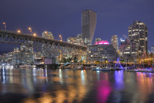 Downtown Vancouver And Granville Street Bridge At Night.