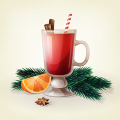 Vector design of hot mulled wine with cinnamon sticks, anise star, orange slice and fir branches. Christmas traditional beverage. Illustration of classic winter drink for bar and restaurant menu.