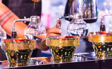 Syphon Coffee maker accessories and tools./ Syphon Coffee or Vacuum Coffee is full immersion tasteful and this process show boiling water by Beam heater.