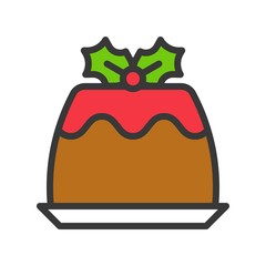pudding icon with mistletoe, christmas food set, editable line
