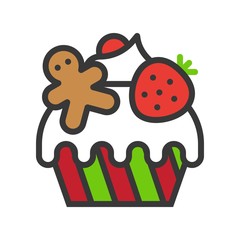 christmas cup cake icon decoration with candy.  editable outline