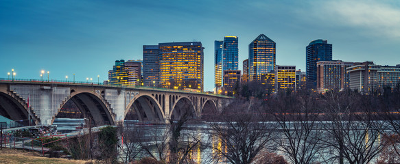 View on Key bridge and Rosslyn skyscrapers at dusk, Washington DC, USA