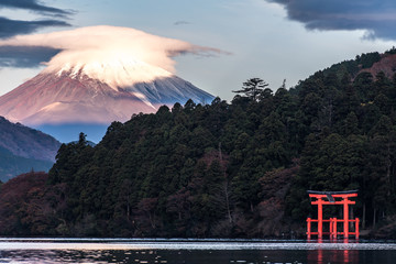 Mountain Fuji and Lake Ashi with Hakone temple and sightseeing boat in autumn