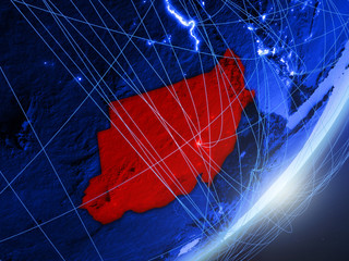 Sudan on green model of planet Earth with network at night. Concept of blue digital technology, communication and travel.
