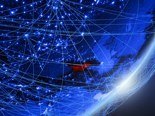 Georgia on green model of planet Earth with network at night. Concept of blue digital technology, communication and travel.