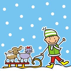 The boy pulls a sled with a cat and a dog. Happy kid with sleigh. Funny vector illustration for children. At background sky and snowflakes.